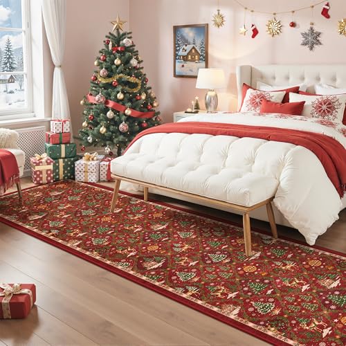 Madane Christmas Runner Rugs for Hallway 2x10 Long, Washable Non-Slip Red Hallway Rug Low-Pile Stair Kitchen Runner Soft Holiday Decor Throw Carpet for Entrance Living Dining Laundry Room