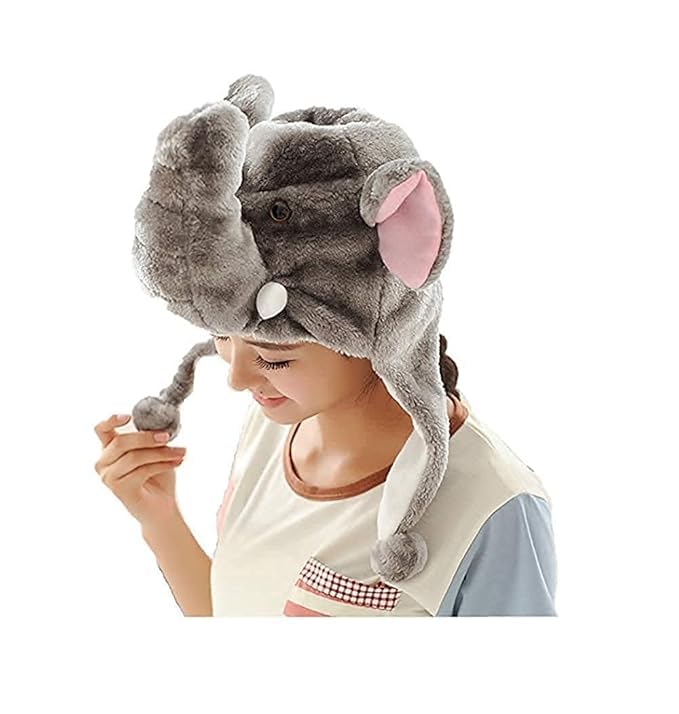 Krystle Unisex Fur Plush Animal Elephant Warm Ski Cap Beanie Hat Grey Free Size-image-13