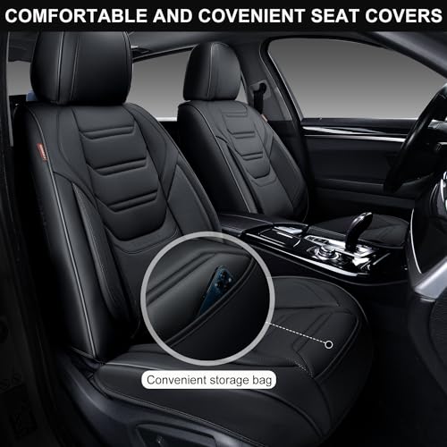 Image of TIEHESYT Leather Seat Covers Front Pair with Lumbar Support, Breathable and Waterproof Car Seat Cover, Universal Seat Covers for Cars, Trucks, SUVs, Sedans, Pickups, Airbag Compatible, Black