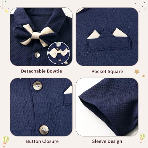Image of Volunboy Baby Boy Formal Short Set Toddler Summer Gentleman Outfit Kid Short Sleeve Bowtie Shirt Suspender Shorts Suit