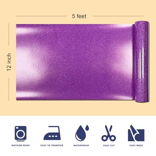 Image of Dark Purple Glitter HTV Heat Transfer Vinyl, 12 inch x 5ft lron on Vinyl, for T-Shirt Ironing, Vinyl HTV Easy to Cut and Weed, The Best Choice for DIY Creativity. (Dark Purple, 12 inch x5ft)