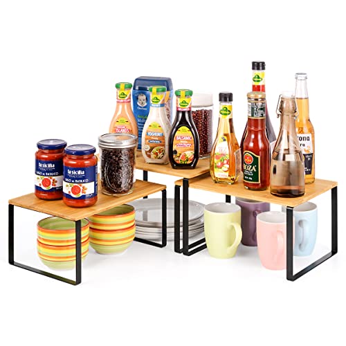 Estantería de cocina, estantería para especias de bambú, organizador de armario extensible y apilable para organizador de estante de cocina, cuarto de baño, guardabarros, metal y bambú, juego de 3 Cover