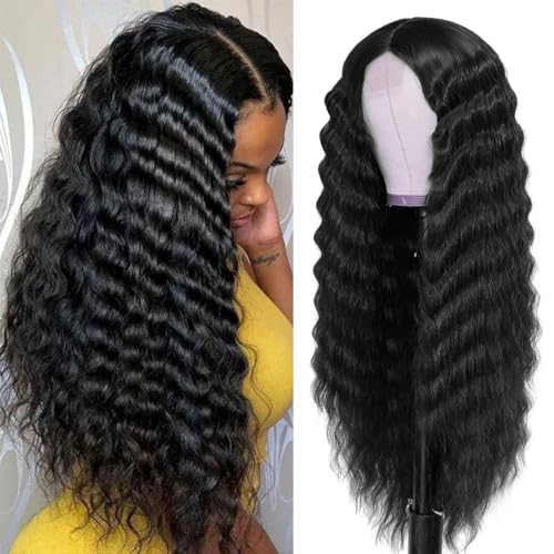 28 Inch Long Curly Synthetic Hair Wigs for Women Black Lace Front Wig Synthetic Curly Wigs Deep Wave