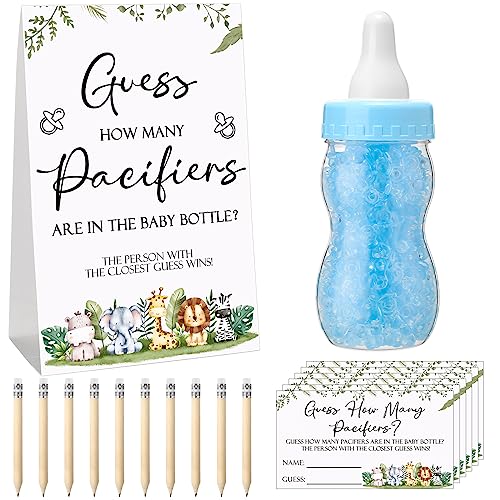 Image of Roowest 512 Pcs Baby Shower Games Guess How Many Pacifiers Sign 100 Small Guessing Games 10 HB Pencils 750ml Milk Bottle 400 Acrylic Pacifiers Decoration for Guest Gender Reveal(Blue,Animal)