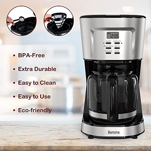 Bemona 12-Cup Brew Coffee Maker, Programmable Drip Coffee Machine with Glass Carafe and Permanent Filter, Auto Keep Warm, Water Window, Black Coffee Pot