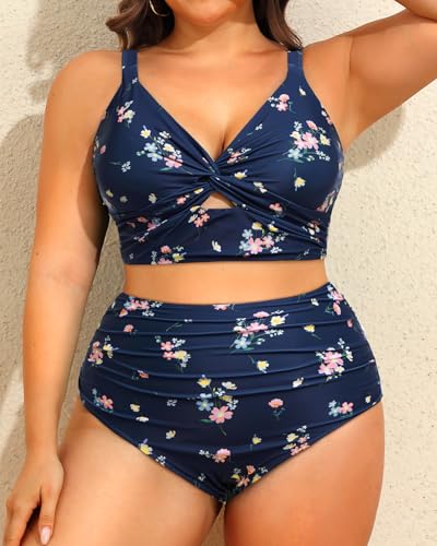 Image of Daci Plus Size Two Piece Swimsuits - Women High Waisted Bikini Tummy Control Bathing Suits Knot Twist Swimwear 2025