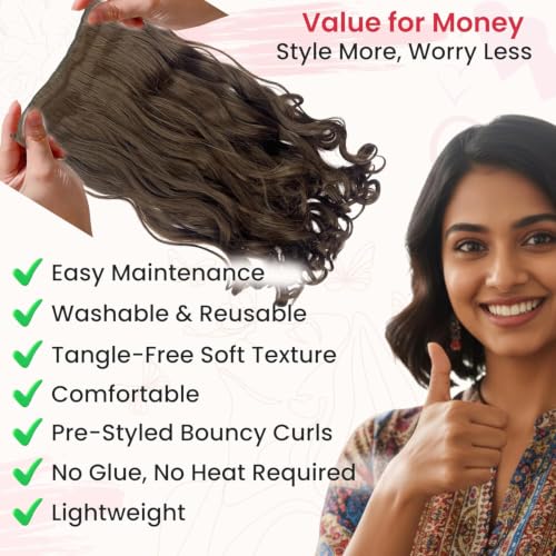 Image of TEMPERIA Hair Extensions and Wig for Women & Girls - Wavy & Curly | Long False Synthetic Artificial Clip on 5 Clips Attached Curls for Bridal & Wedding | Highlight Colour (1pc)