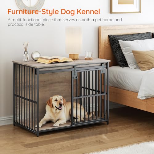 HOOBRO Dog Crate Furniture, 36.6" Heavy Duty Dog Kennel with Sliding Barn Door, Wooden Dog Cage Indoor, Decorative Side End Table for Small/Medium Dogs, Greige and Black GY162GW03G1 - Image 6