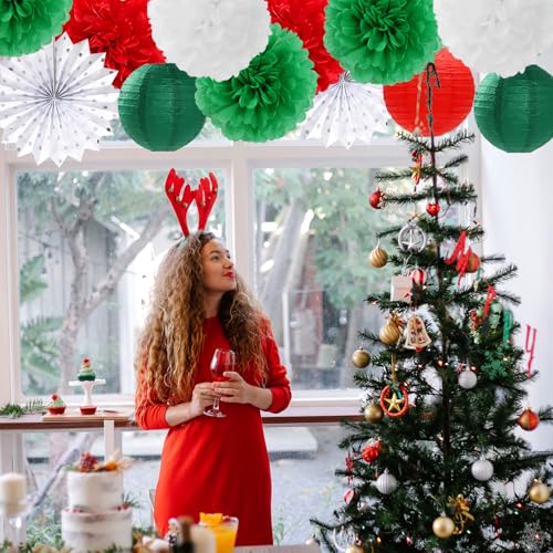 Image of Red Green-White Christmas Party Decorations - 20pcs Mexican Italian Paper Lanterns Fans,Tissue Pom Poms,Honeycomb Balls,Bunting,Birthday Mexico Italy Baby Shower Wedding Decor Burgleda