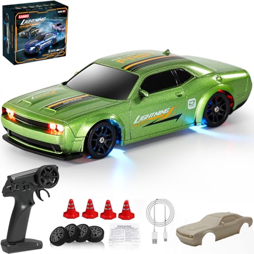 KAIMIO 1:43 Scale Mini RC Drift Car with Gyro Full Proportional RTR 2.4Ghz Remote Control with RGB Lights and a Replaceable Body Shell(8501-Green)