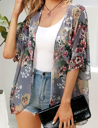 women39s floral print puff sleeve kimono cardigan loose cover up casual blouse tops