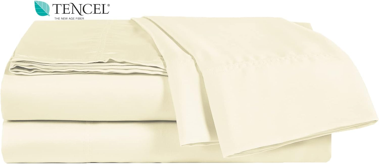 100% Tencel Sheet Set - Queen Size 4 Piece Sheets with Deep Pockets up to 18 Inches - Luxuriously Cooling, Super Soft & Silky Sateen Weave Lyocell Bed Sheets in Ivory (Queen)