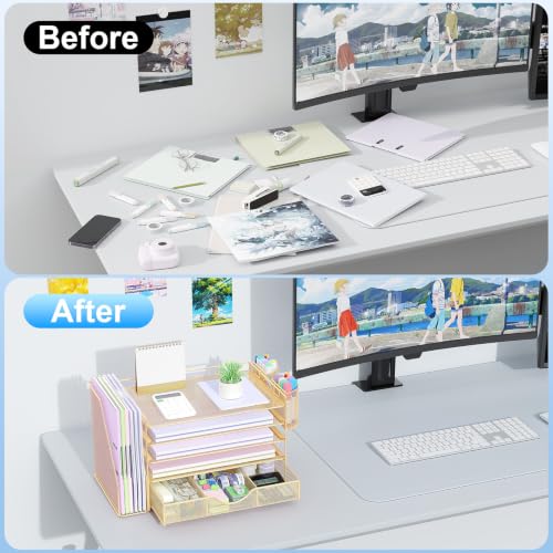 Image of gianotter 5-Tier Desk Organizer with Drawers and File Holders | Letter Trays and Pen Holders - Workspace Accessories for Office Supplies (Gold)