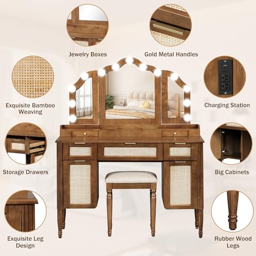 Image of JIVOIT 44.37 inch Makeup Vanity Desk with Tri-Fold Mirror, Large Vanity Table with 5 Drawers and Shelves and 2 Cabinets, Dressing Table, Easy Assembly