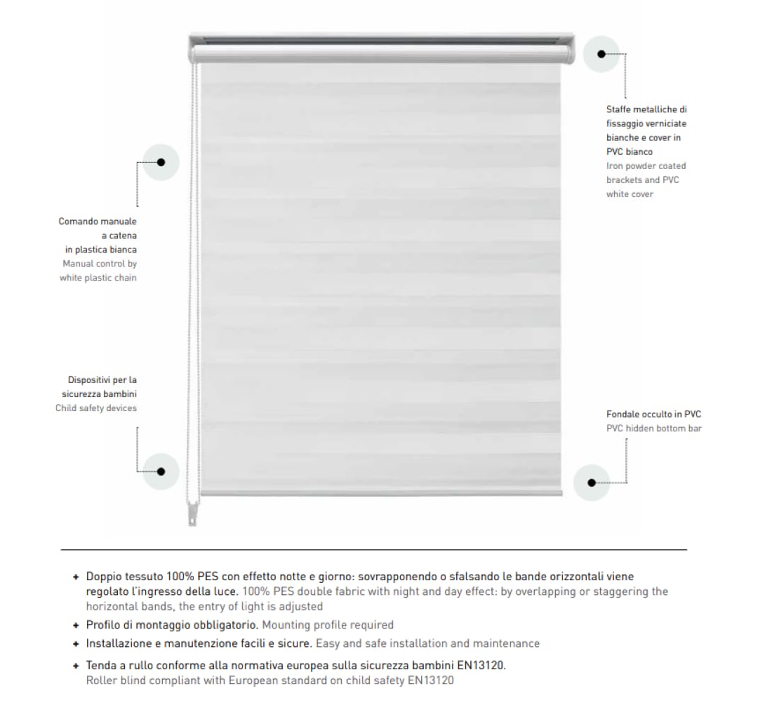 Tenda a Rullo Night and Day, Doppio Tessuto, per Interni, Varie misure, Vari colori, Bianco, Lino, Grigio, Tortora, Avorio (Bianco/white, 90 x 175 cm)
