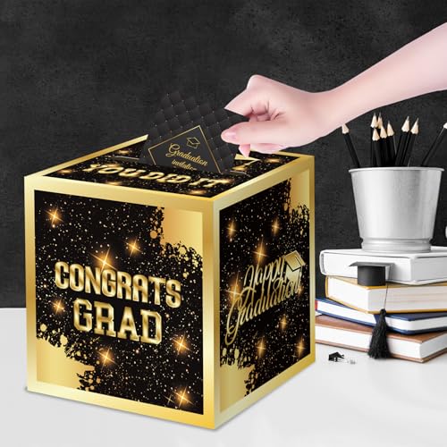 Image of Graduation Congrats Card Box, 2026 Graduation Party Decorations, Graduation Party Decorations Graduation Money Card Boxes Holder Graduation Gift Party Favors Decor Party Supplies (Gold)