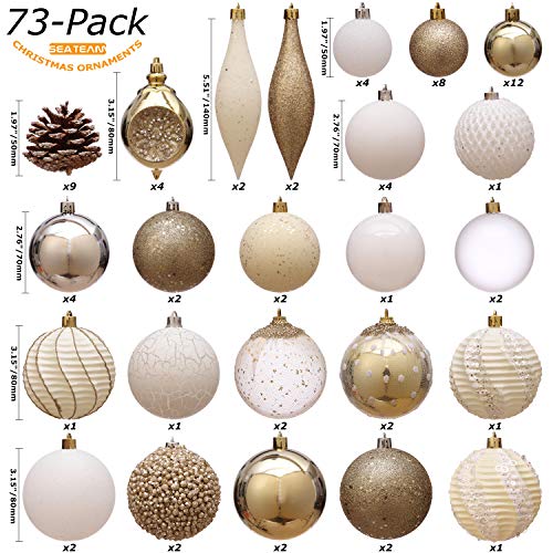 Sea Team 73-Pack Assorted Shatterproof Christmas Ball Ornaments Set Seasonal Decorative Hanging Ornament Set With Reusable Hand-Held Gift Package For Holiday Xmas Tree Decorations, Gold #TOP2