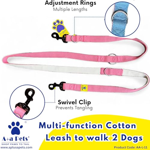 Image of A+a Pets' Multi-Function Cotton Leash to Walk 2 Dogs | Long, Short, Hands Free, Traffic, Running, Walking | Adjustable, Soft Comfortable (Pink & Mango)