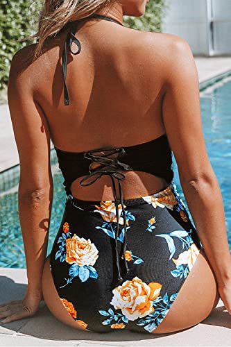 Cupshe Women's Black Floral Print Halter Cutout High Waist One Piece Swimsuit, M #TOP1
