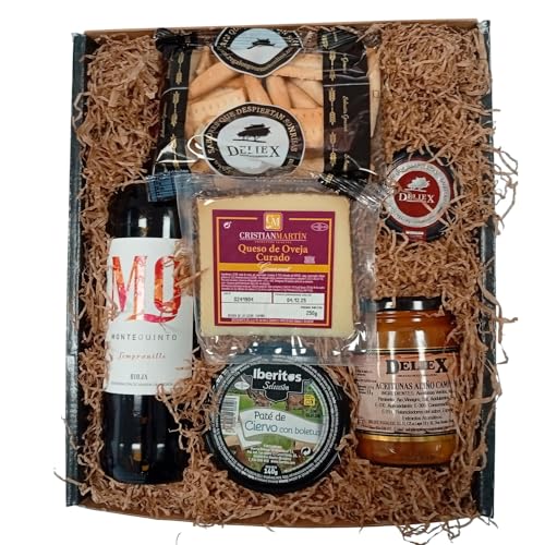 Lote económico gourmet con Vino Montequinto, patés Iberitos, queso, aceitunas y picos Deliex para regalar en cualquier ocasión