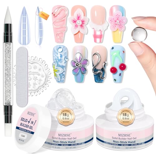 MIZHSE Clear und Weiß Solid Builder Gel, 4 in 1 3D Gels für Nail Charms, 3D Gel Nail Art für Nagelsptur und Nagelverlängerung, Nagelgels Clear Weiß 18g 2er Pack