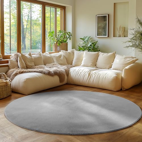 SIMPEX Tapis Rond Argent 200 cm Tapis à Poils Courts Lavable, Rond, Doucement Antidérapant et Design Monochrome Moderne pour Salon, Chambre, Cuisine et...