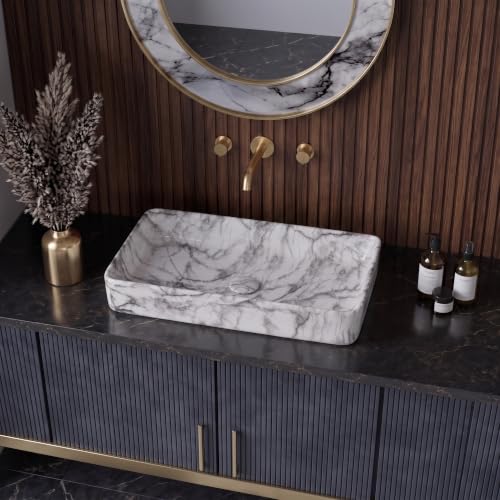 Image of Wash Basin Countertop | Tabletop Ceramic Bathroom Sink | Wash Basin Over Counter (Designer White Grey, 24 x 14 x 5 Inch)