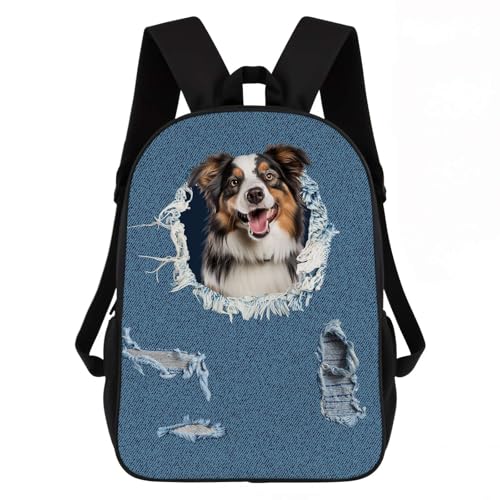 Dog Backpack - Australian Shepherd Dog with Ripped Denim Pattern Decor Casual Backpack for Travel, School & Daily Use | Lightweight Durable Design with Laptop Compartment (17