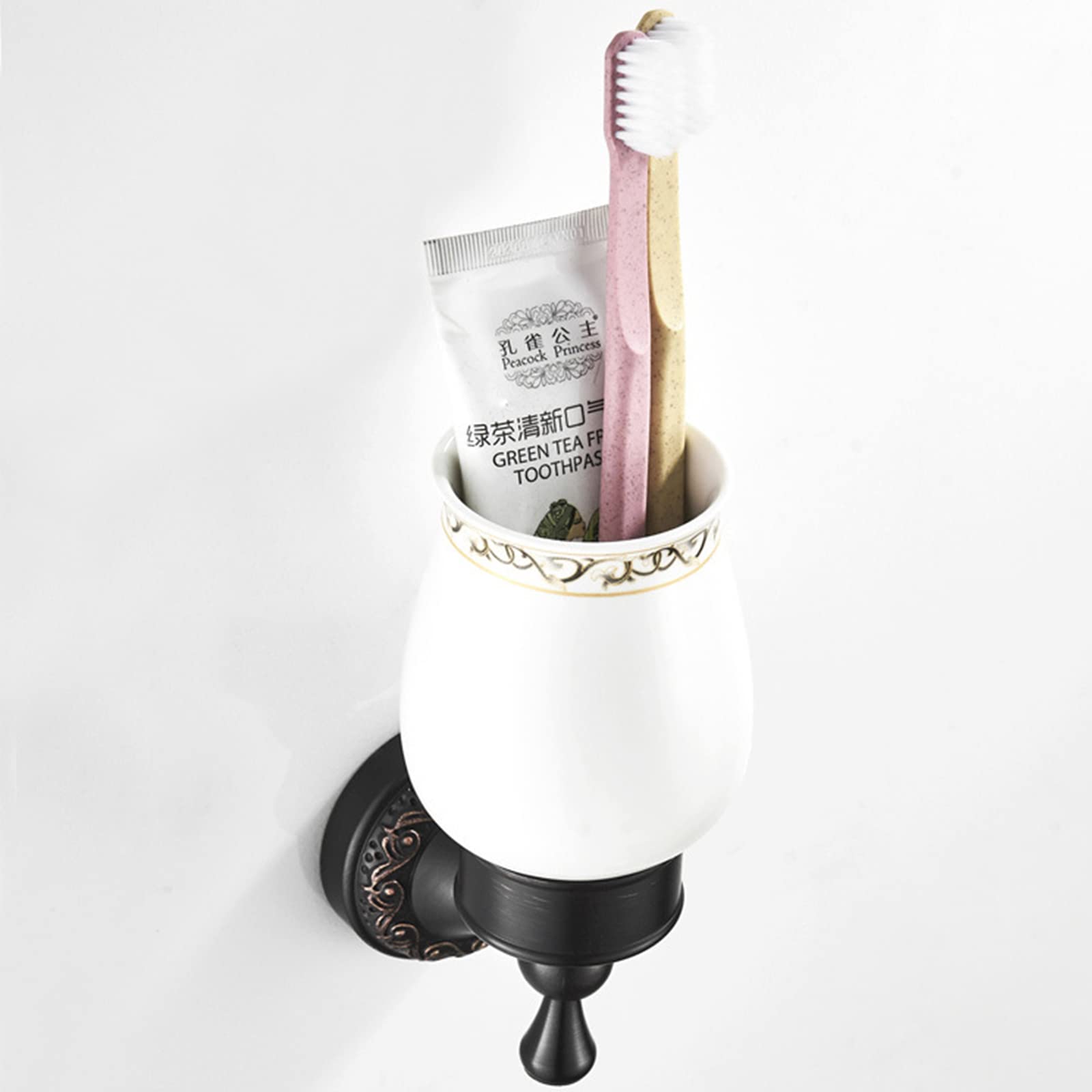 Soporte para Cepillos De Dientes Antiguo Negro, Soporte para Cepillos De Dientes De Latón con Taza De Cerámica, Soporte para Cepillos De Dientes Montado En La Pared para Baño En Casa Hotel
