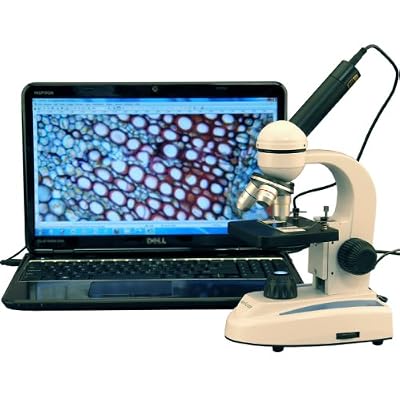 AmScope M149C-E Digital Compound Monocular Microscope, WF10x and WF25x Eyepieces, 40x-1000x Magnification, LED Illumination, Brightfield, Single-Lens Condenser, Plain Stage, 110V or Battery-Powered, Heavy-Duty Metal Frame, Includes 0.3MP Camera and Software