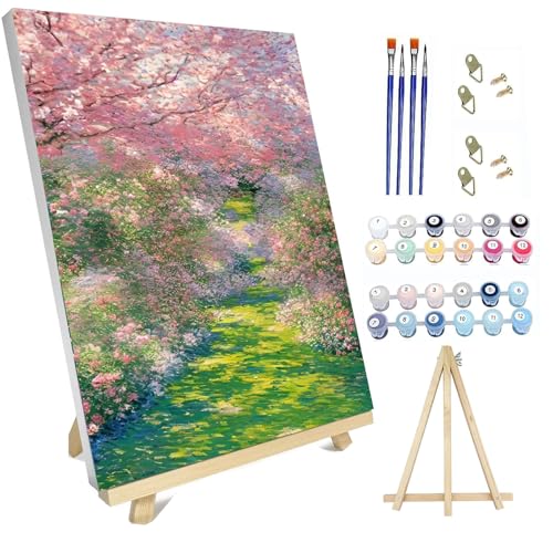 hyzsj Paint by Numbers Kit for Adults with Frame,Tree Flowers Paint by Numbers for Adults, Paint by Number with Easel, DIY Garden Paint by Number Kits for Home Wall Decor(11.8x15.7inch