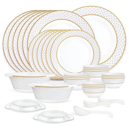 Image of Larah by Borosil 37pc Opalware Kosmia Dinner Set for Family of 6 | Microwave & Dishwasher Safe Crockery Set for Dining & Gifting | Plates & Bowls