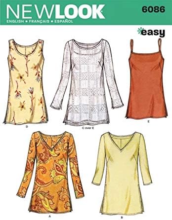 New Look Patrón de costura fácil de las señoras 6086 Tops de túnica simple