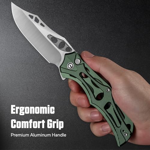 Image of CIVIVI Biophase Pocket Folding Knife for Men, 3.48 inch Nitro-V Blade Aluminum Handle, Lightweight Skeletonized Flipper Knife for Tactical Survival C23083-1 (Green)