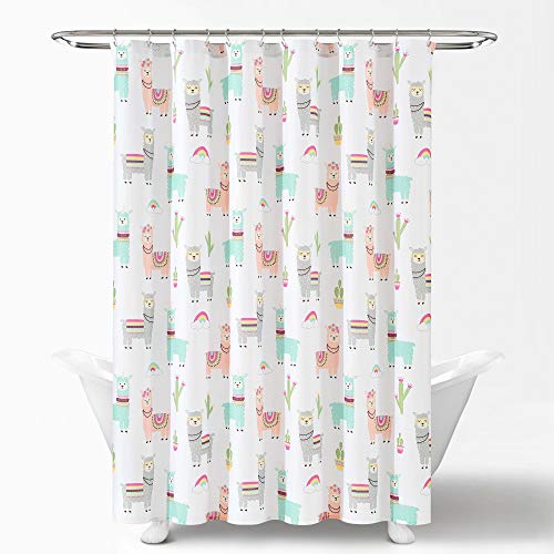 Lush Decor Southwest Llama Cactus Shower Curtain, White & Blush - Cute Colorful Boho Kids Bathroom