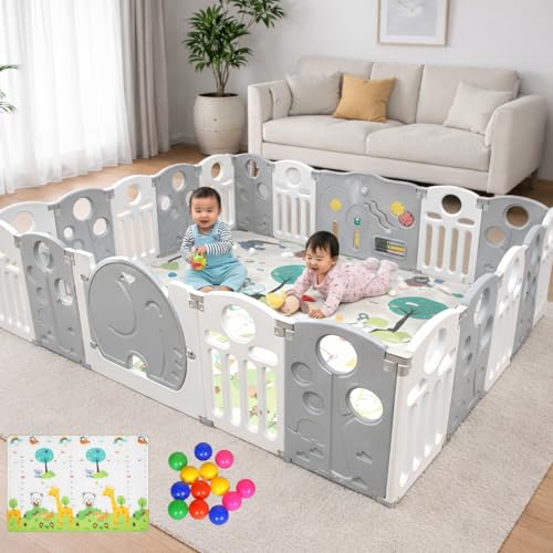 Image of 16 panel Playpen for Babies upto 5 year with Mat and Balls Foldable Baby Play Area Indoor Setup Play Yard Fence for Toddlers Kids Playarea Setup Outdoor Children Play Pen with Gate Baby Playpen (5*6 FT=30 SQFT, Grey)