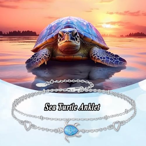 Image of 925 Sterling Silver Layered Ankle Bracelets for Women Jewelry Gifts | 925 Sterling Silver Layered Sea Turtles /Elephant /Wave Anklet Animal Bracelet Summer Ocean Beach Jewelry Gifts for Women