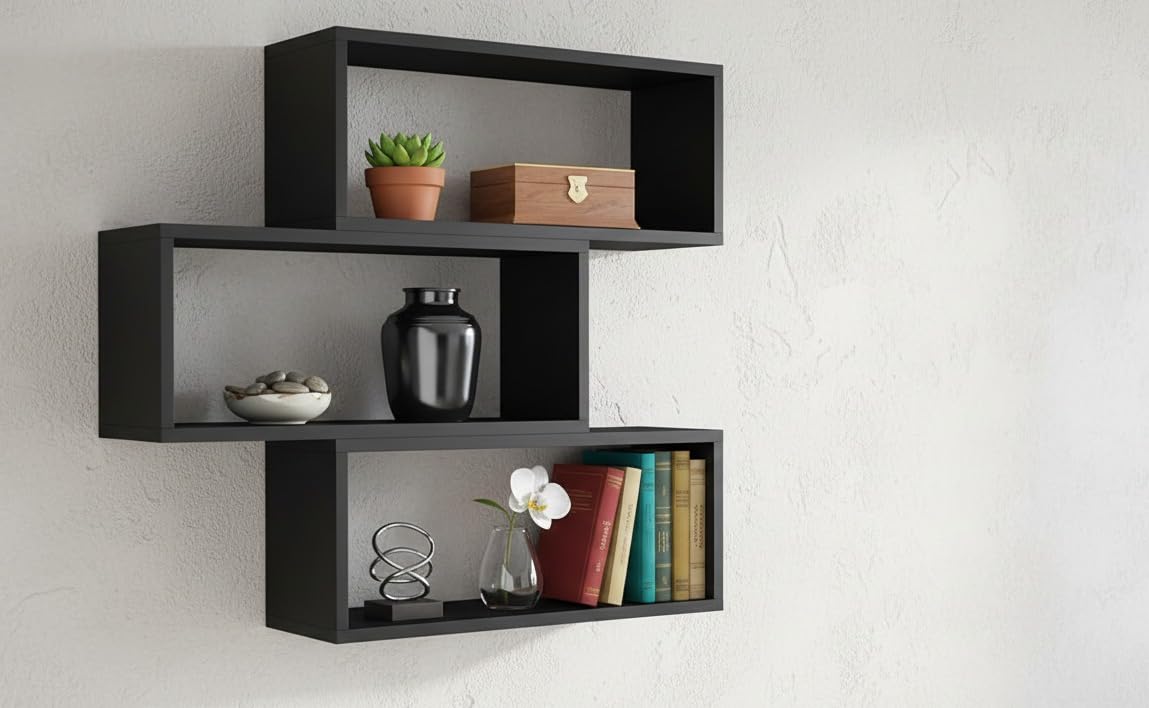 Geometric Floating Wall Shelf – Dark Brown Decorative Rack-picture-28