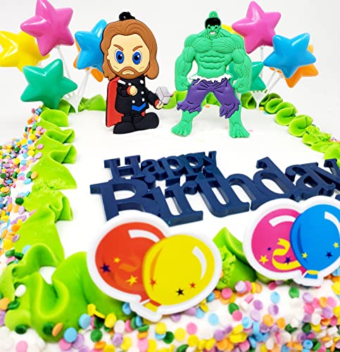 Avengers Super Hero Birthday Cake Topper Set With Hulk, Thor And Decorative Themed Accessories #TOP2