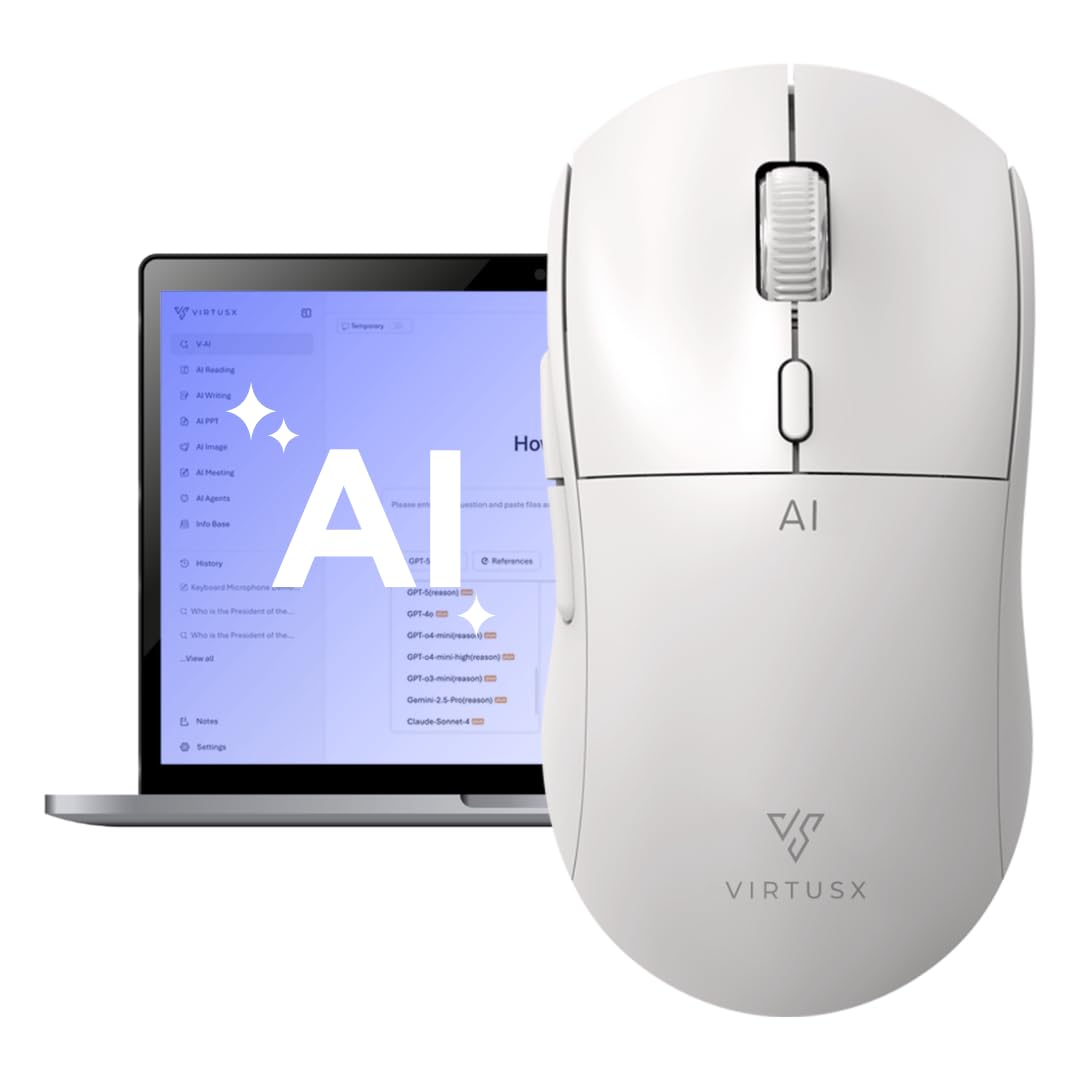 Virtusx AI-Maus, Jethro V1, Powered by ChatGPT & DeepSeek zentralisierte KI-Software, KI-Schreibwerkzeuge, Sprachtippen, Transkribieren, Übersetzen und Zusammenfassen (weiß)