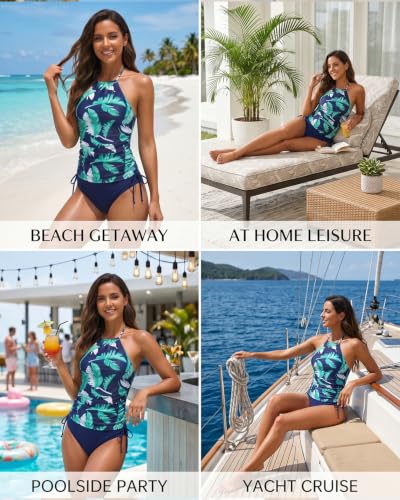 Image of Womens Two-Piece Tankini Set Cow Skull with Leopard Print Sets Swimwear Tankini Top Sets Swimwear