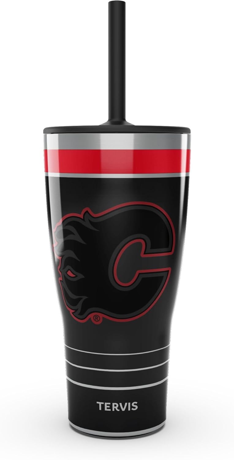 Tervis Traveler NHL Calgary Flames - Night Game Triple Walled Insulated Tumbler Travel Cup Keeps Drinks Cold & Hot, 30oz with Straw Lid, Stainless Steel