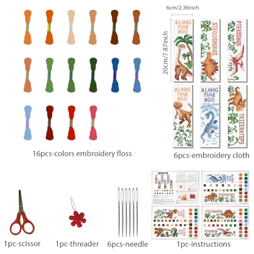 Image of FREEBLOSS 6 Set Cross Stitch Bookmark Kit Cartoon Dinosaur Stamped Cross Stitch Kits for Beginners DIY Embroidery Bookmarks DIY Bookmark Kit for Adults Gift 6 * 20CM