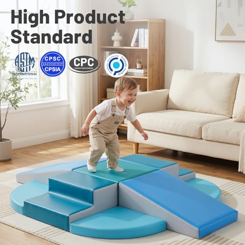 Image of TODIBY 9-Piece Climbing Toys for Toddlers: Soft PU Leather Foam Blocks - Baby Climb and Crawl Activity Blocks - Kids Play Gym Equipment Indoor for Development(Modern)