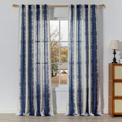 Image of MYSKY HOME Navy Blue Curtains 95 Inch Length 2 Panels Set, Soft Touch Semi Sheer Lines Printed Linen Look Curtains & Drapes, Soft Light Filtering Privacy Protect, 50 inchx95 inch, Navy Blue, 2 Pieces