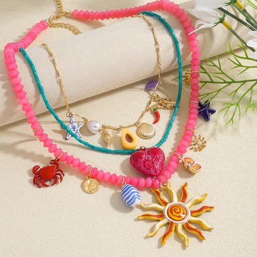 Bohemian Beaded Necklace for Women, Sun Sea Star Crab Shell Heart Pendant Necklace, Multichain Sea Life Jewelry Beach Gift for Party Summer Daily Wear2