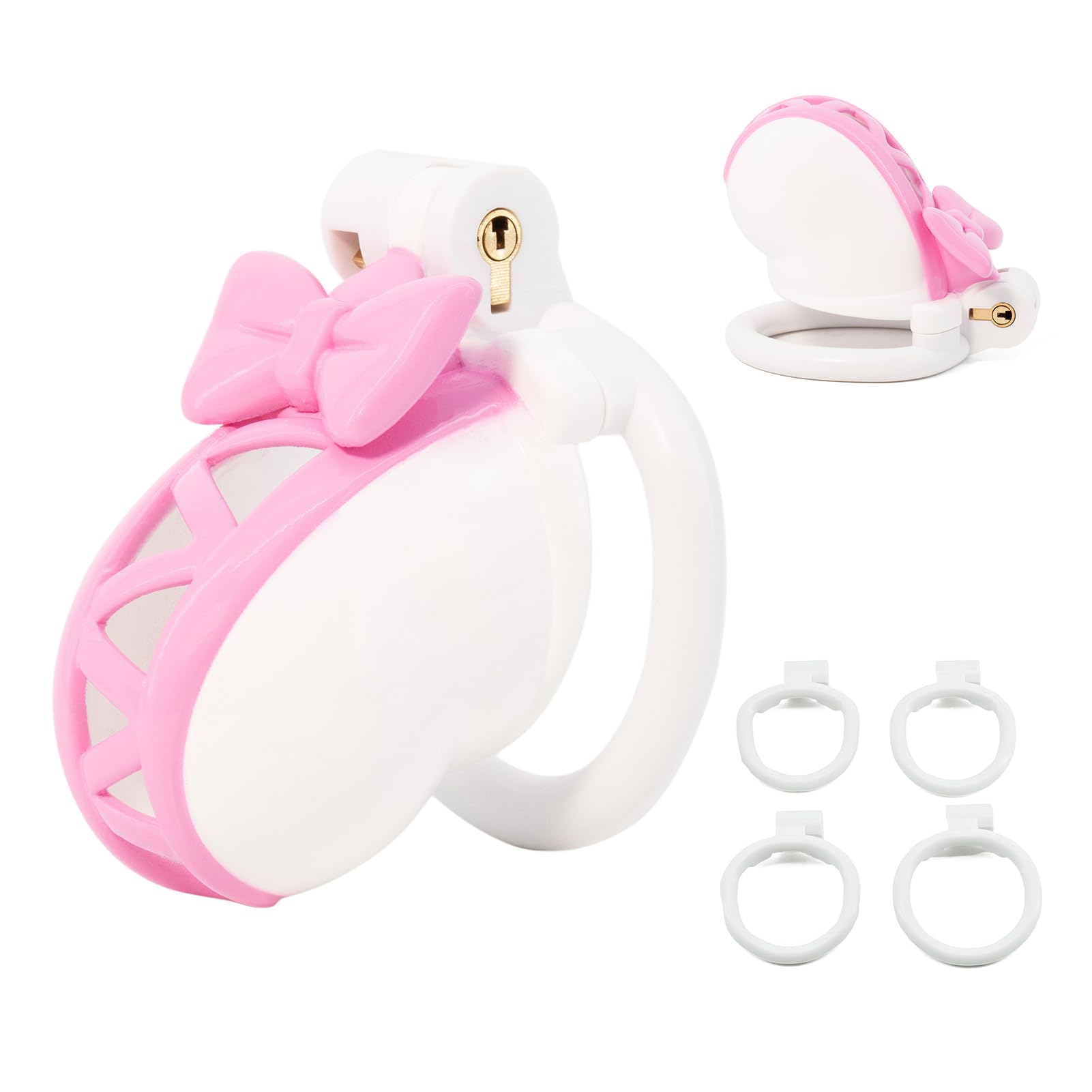 SeLgurFos cage de chasteté hommes avec serrure invisible résine ABS Chastity Cage hommes avec plusieurs tailles de mousquetons Pink Bow Design cage à pénis SM jouets sexuels (Pink)
