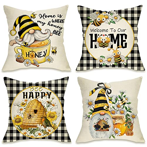 Fahrendom Spring Yellow Bumble Bee Happy Gnome Decorative Throw Pillow Cover 18X18 Set Of 4, Summer Black Buffalo Plaid Honey Themed Home Decoration, Farmhouse Cushion Case Patio Porch Outdoor Decors #TOP17