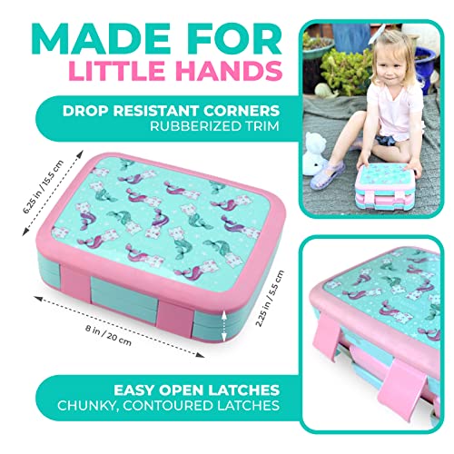 Image of kinsho Bento Lunch Box. Insulated Bag, Water Bottle & Ice Pack Set for Kids, Toddlers, Girls. 5 Portion Sections, Removable Tray, Pre-School Toddler Daycare Lunches, Snack Container, Aqua Cat Mermaid
