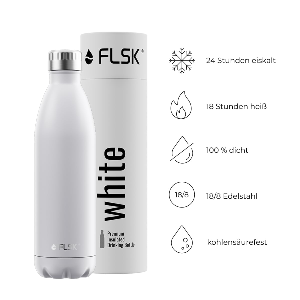 FLSK Trinkflasche – Premium Edelstahl Thermosflasche – 100 % auslaufsicher & kohlensäuregeeignet – hält 24 h kalt & 18 h heiß – BPA-frei (white, 750 ml)